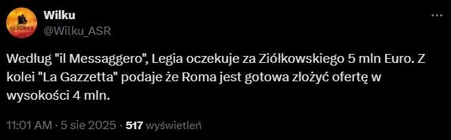 HIT! Tyle Legia ma OCZEKIWAĆ od Romy za Jana Ziółkowskiego xD